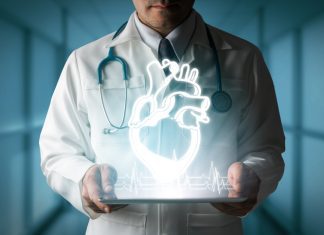Cardiology in Germany Doctor showing heart hologram from computer.
