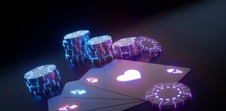 Modern Black And Blue, Purple Neon Casino Chips And Four Aces - 3D Illustration