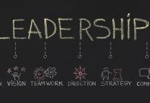 Word Leadership with inportant components on chalkboard