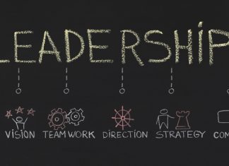 How to Be a Visionary Leader Word Leadership with inportant components on chalkboard