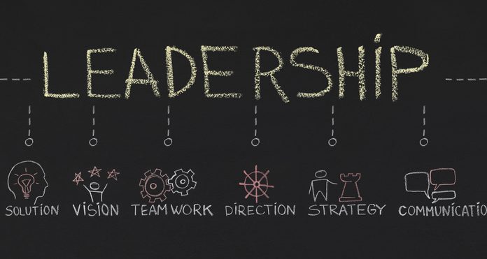 How to Be a Visionary Leader Word Leadership with inportant components on chalkboard