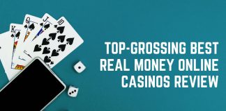 picture of a phone, playing cards, and some dice on the left. Written on the right is “TOP-GROSSING BEST REAL MONEY ONLINE CASINOS REVIEW