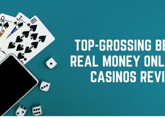 picture of a phone, playing cards, and some dice on the left. Written on the right is “TOP-GROSSING BEST REAL MONEY ONLINE CASINOS REVIEW
