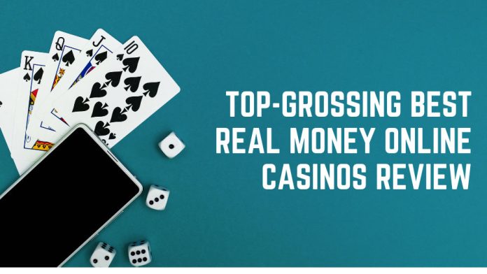 TOP-GROSSING-BEST-REAL-MONEY-ONLINE-CASINOS-REVIEW picture of a phone, playing cards, and some dice on the left. Written on the right is “TOP-GROSSING BEST REAL MONEY ONLINE CASINOS REVIEW