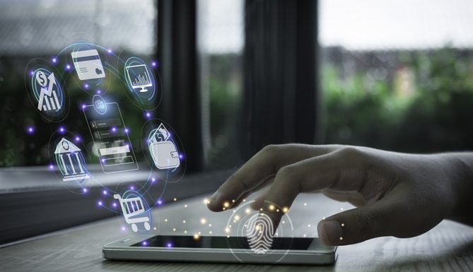 Businessman using smartphone and fingerprint scanning unlock and online banking and icon on network connection