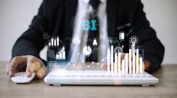 Business, Technology, Internet and network concept. people working on the future, select on the virtual display: Business intelligence