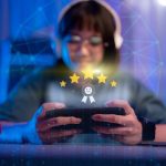 Asian girl playing game in night room Holographic technology and always visual graphics