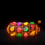 Slot Machine With Fruit Icons. Casino Concept With Neon Lights