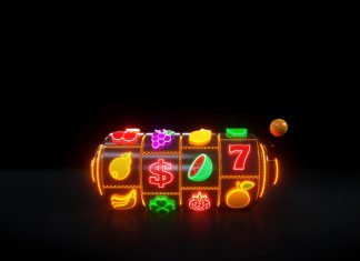 Bonus Rounds and Features in Slot Machines: How They Are Activated Slot Machine With Fruit Icons. Casino Concept With Neon Lights