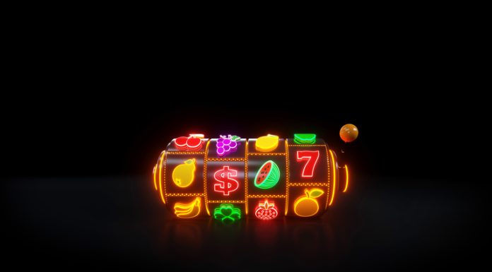 Slot Machine With Fruit Icons. Casino Concept With Neon Lights