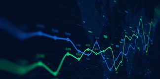 Digital analytics data visualization, financial schedule, monitor screen in perspective