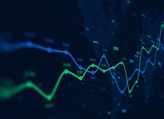Smart Investing: Alibaba Stock Forecast Digital analytics data visualization, financial schedule, monitor screen in perspective