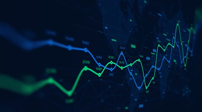 Digital analytics data visualization, financial schedule, monitor screen in perspective