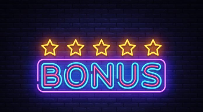 Bonus Neon Text Vector. Bonus neon sign, design template, modern trend design, night neon signboard, night bright advertising, light banner, light art. Vector illustration