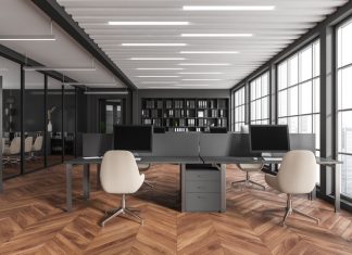 Modern business room interior with coworking and meeting space, panoramic window