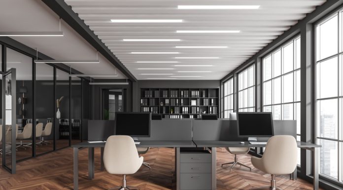 Modern business room interior with coworking and meeting space, panoramic window