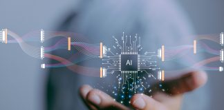 focus hand of businessman show virtual graphic data connect with AI.Using AI to sucess everything, Futuristic data technology.