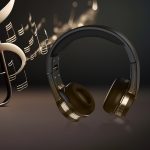 Headphone Creative. Headphone 3D rendering on black background. Sound system creative on black background.