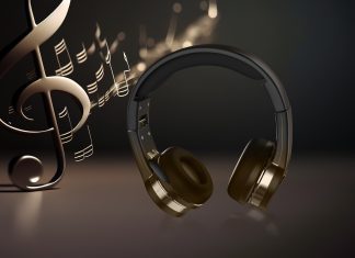 Headphone Creative. Headphone 3D rendering on black background. Sound system creative on black background.