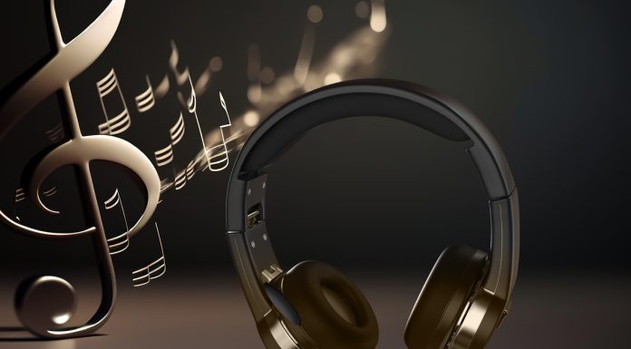 Headphone Creative. Headphone 3D rendering on black background. Sound system creative on black background.