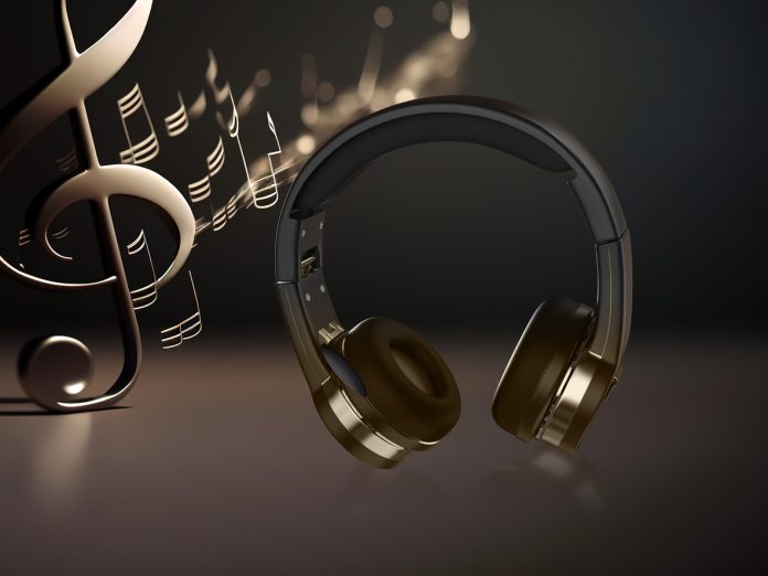 Headphone Creative. Headphone 3D rendering on black background. Sound system creative on black background.