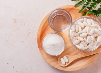 collagen powder, pills and water