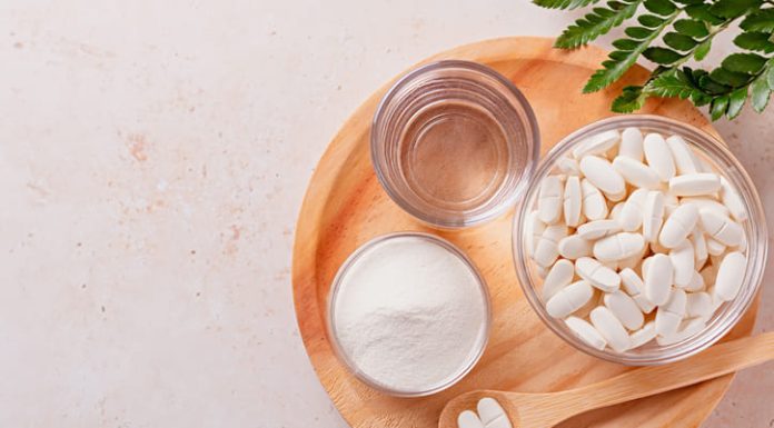 collagen powder, pills and water