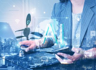 Business woman working with laptop and AI