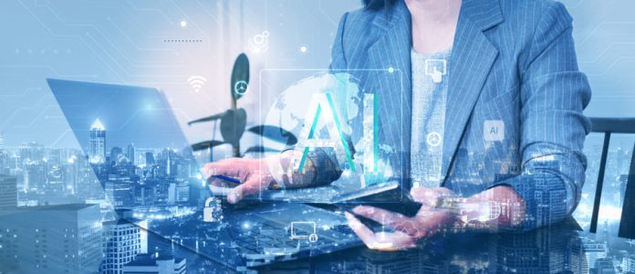 Business woman working with laptop and AI