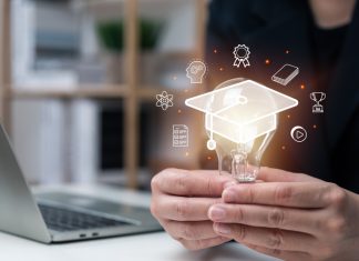 How Specialized AI Courses Can Improve Your Career E-learning graduate certificate program concept, businessman hand holding light bulb with Internet education course degree, study knowledge, creative thinking idea, problem solving solution, AI.