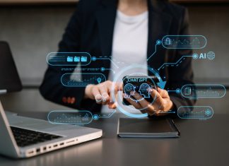 Woman using chatbot in computer and tablet smart intelligence Ai.A.I. Chat with AI Artificial Intelligence, developed by OpenAI generate. Futuristic technology, robot in online system.