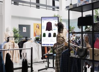 African american man looks at clothes online on touch screen monitor in fashion boutique at mall