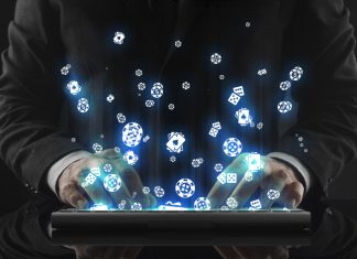 Business man working in office and icons appearing