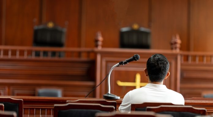 Table and chair in the courtroom of the judiciary.