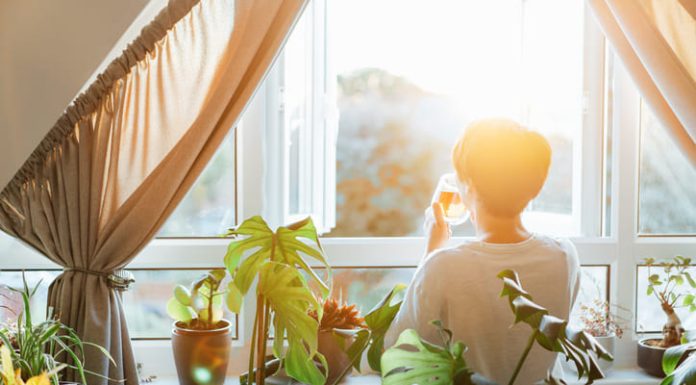 Back view woman drinking tea and looking at the sunrise or sunset while standing at the window in a room with green house plants, enjoying the moment.