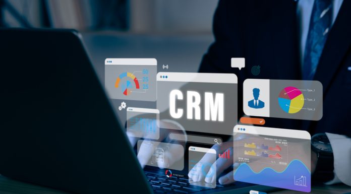 Businessman working with laptop to CRM Customer Relationship Management Business Internet Techology Concept.