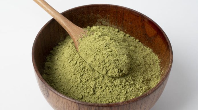 Green matcha powder in a bowl