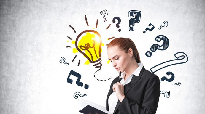 The 5 Most Important Recruitment Questions for 2024 … Answered Businesswoman with notebook in hands, question marks and light bulb sketch