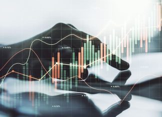 financial diagram with finger in apex trading