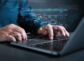 analytics chart, business analysis chart KPI showing icon on virtual screen monitor laptop by hologram virtual screen technology.