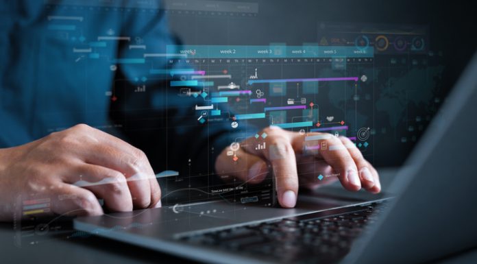 analytics chart, business analysis chart KPI showing icon on virtual screen monitor laptop by hologram virtual screen technology.