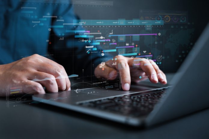analytics chart, business analysis chart KPI showing icon on virtual screen monitor laptop by hologram virtual screen technology.