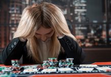 upset woman losses poker game in casino, risk