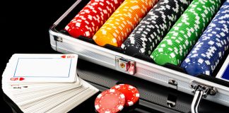 Poker game case on black background close up