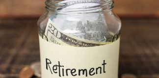 Retirement label on a jar filled with money