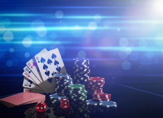 casino chips, dice and playing cards