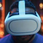 Cinematic Portrait of a Young Stylish Black Man Using Virtual Reality Headset with Joysticks