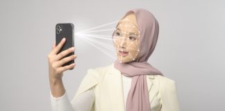 woman is scanning her face using AI scanner