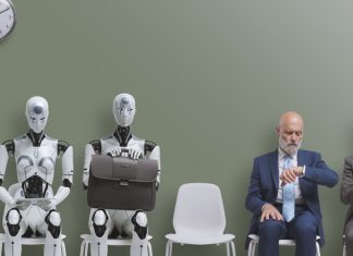 AI robot applicant sitting with business people