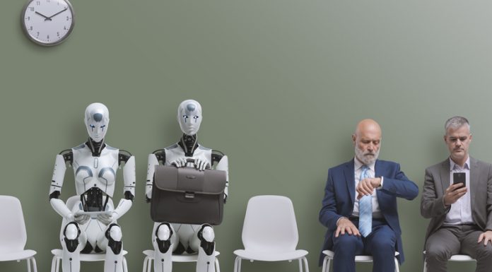 3 Ways to Use AI in Your Job Application Without Raising Red Flags AI robot applicant sitting with business people